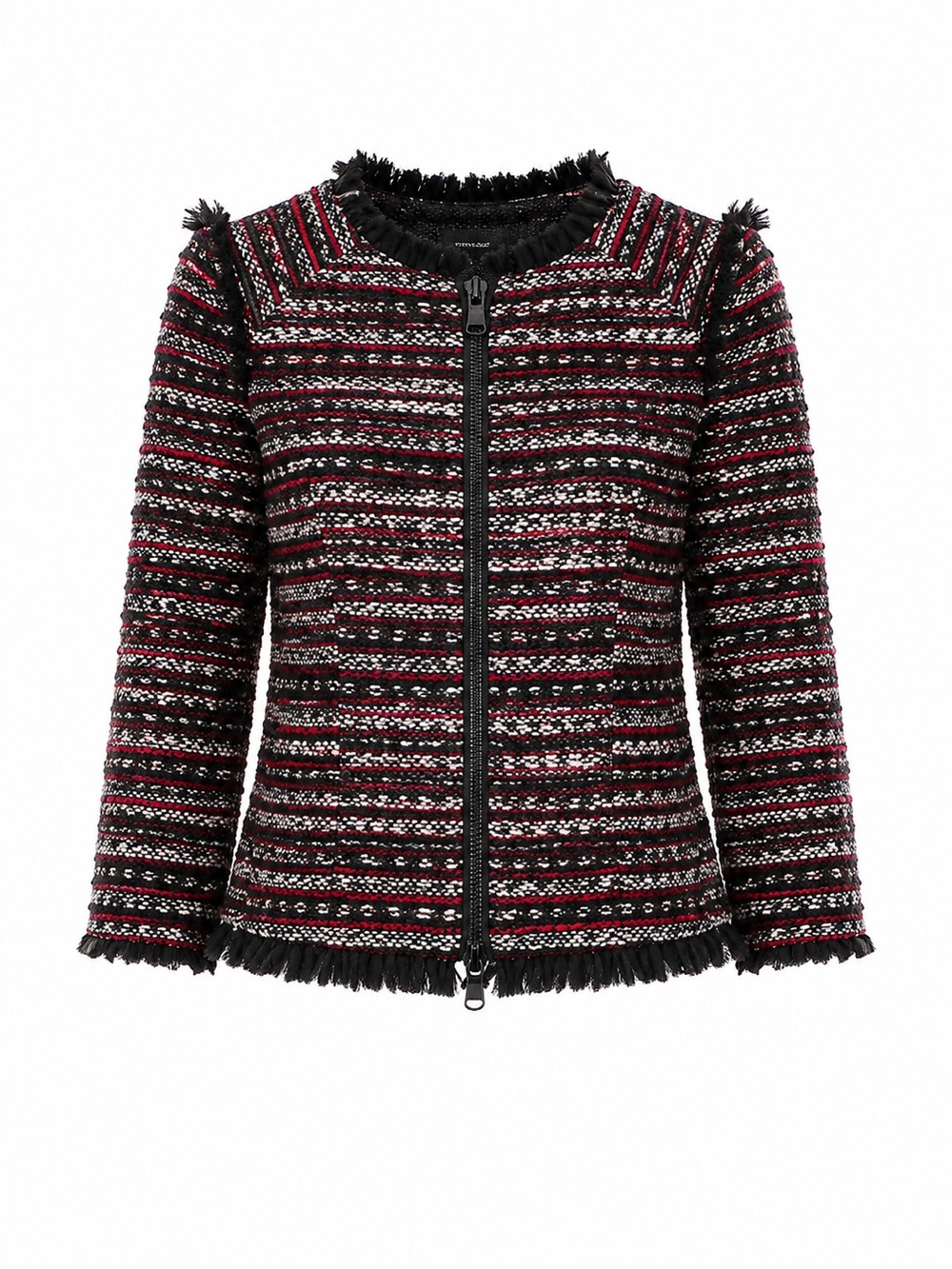 Milly Burgundy, Black & White Striped Tweed Zip Jacket